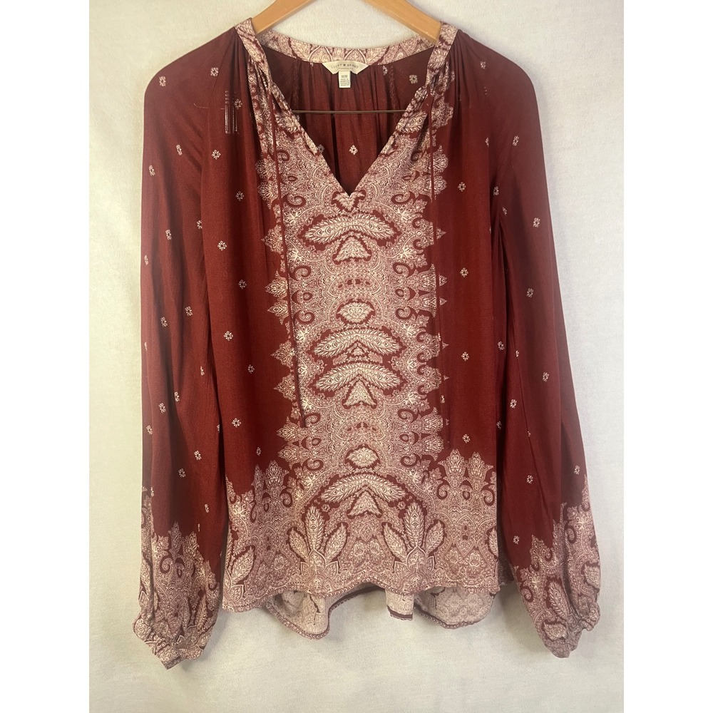 Lucky Brand M Red Border Print Paisley Peasant Blouse V-Neck‎ Long Sleeve Boho